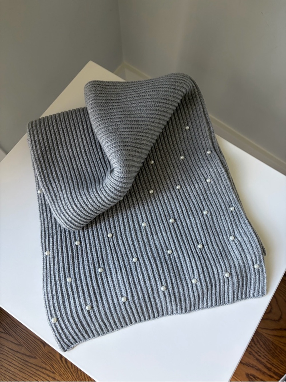 J. Crew Gray Ribbed Knit Scarf with Pearl Accents